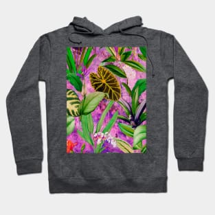 Stylish Tropical floral leaves and foliage botanical illustration, botanical pattern, tropical plants, pink purple leaves pattern over a Hoodie